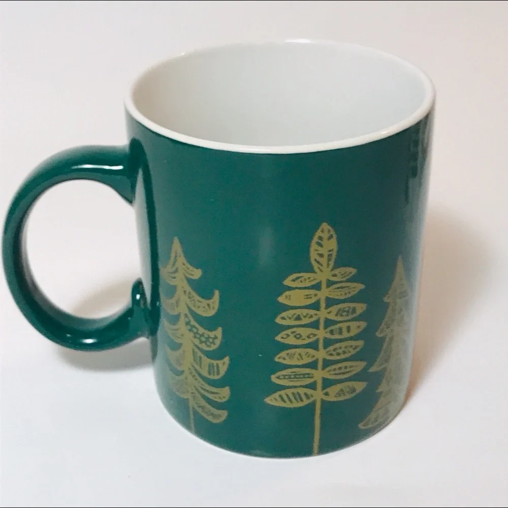 Set of Two Starbucks Christmas Mugs Green with Gold Trees White with Green Trees